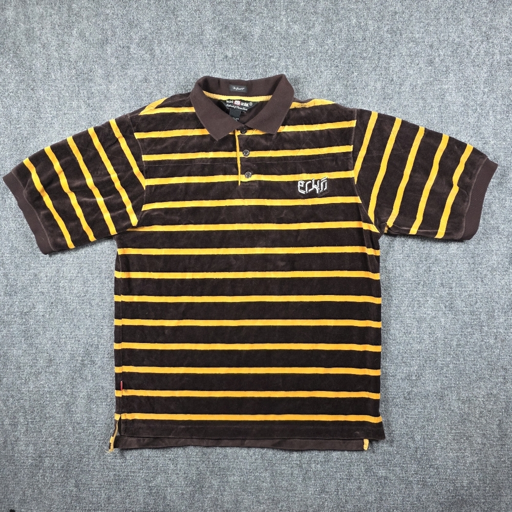 ECKO UNLTD 80% COTTON VELOUR STRIPED POLO BROWN YELLOW QUILTED